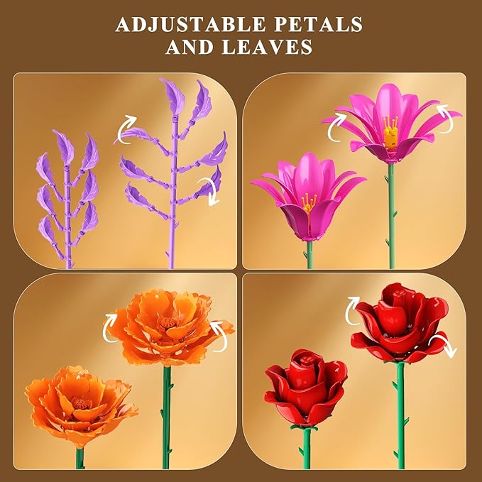 Flowers Bouquet Building Set with LED Light, 21 Flower Botanical Collection Building Block Toy, Rose Lily Home Plant Decor 1054PCS for Her Adults Women Kids Girls 12+ (RED)
