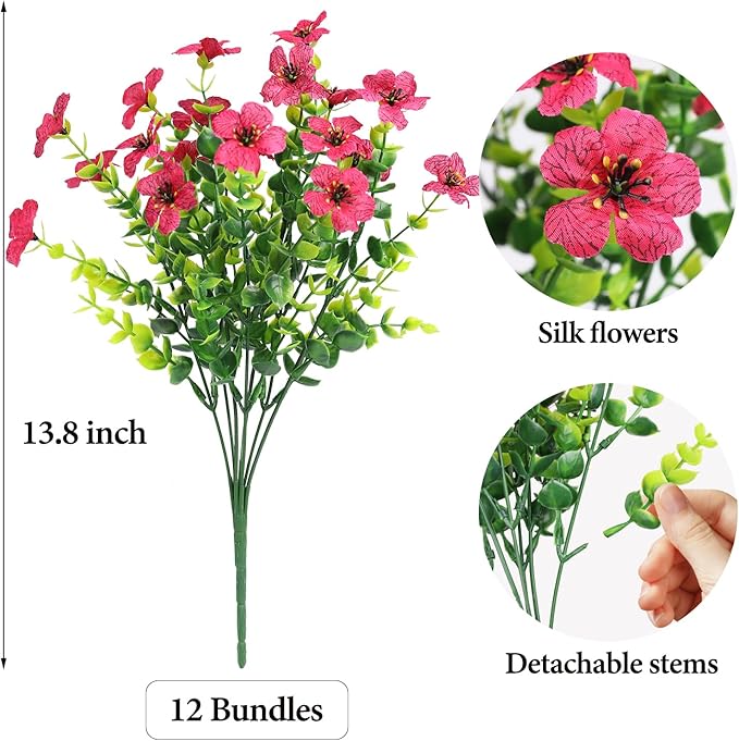 Artificial Flowers Outdoor Faux Plants UV Resistant Fake Patio Flowers Plastic Greenery Plnats Outside Bulk for Spring Garden Hanging Planter Home Vase Decor, 12 Bundles (Rose Red)