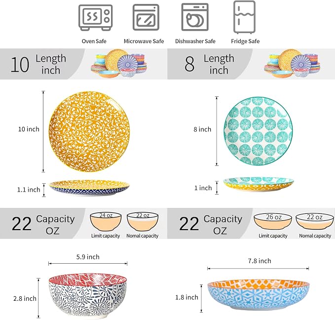 Selamica Ceramic Plates and Bowls Sets,24 Pieces Dinnerware Sets for 6,Scratch Resistant Dish Set for holiday gathering,Dishwasher & Microwave Safe, Assorted Colors