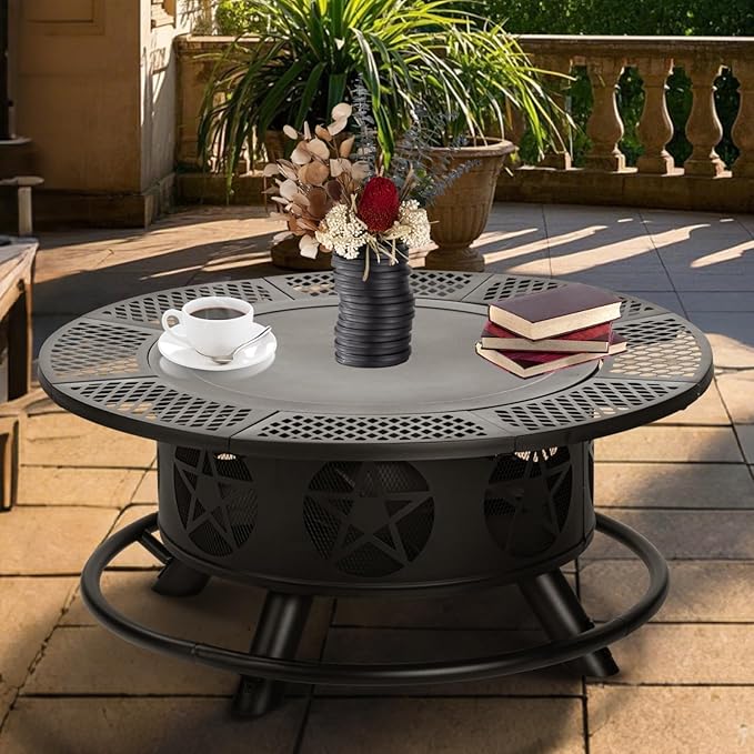 Outvue 42 Inch Fire Pit with 2 Grills, Extra Large Wood Burning Fire Pits for Outside with Lid & Poker, Heavy Duty Firepit,BBQ& Outdoor Fire Pit & Round Metal Table 3 in 1 for Patio, Picnic, Party