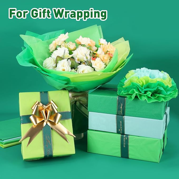 TUXIYA 200 Sheets Green Tissue Papers for Gift Bags,14 X 20Inch Mixed Green Wrapping Tissue Paper Bulk for St. Patrick’s Day,Birthday Party Flower Decoration, Colored Tissue Paper Bulk for Packaging