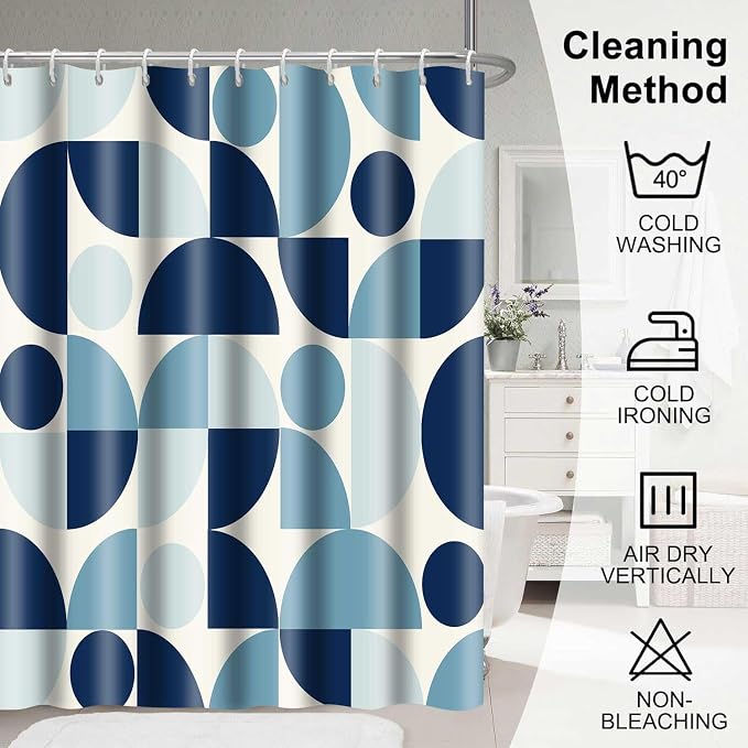 Vintage Blue Mid Century Modern Shower Curtain Boho Abstract Geometric Art Shower Curtains for Bathroom Decor 72x72 Inch Colorful Unique Pattern Washable Fabric Bathroom Set with 12 Hooks