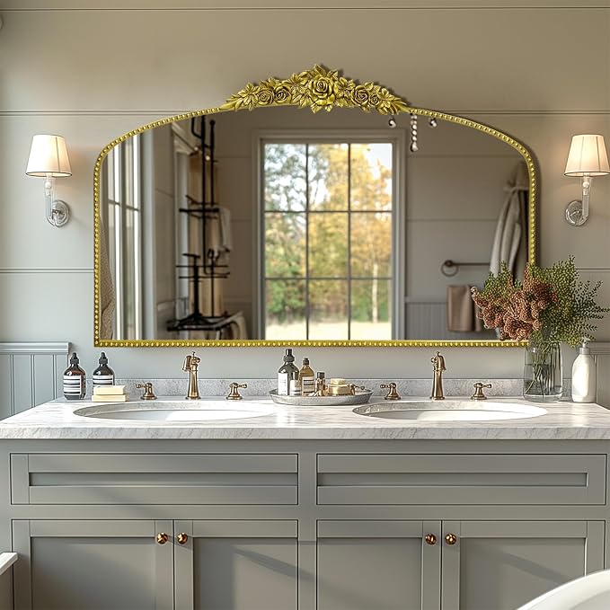 Antique Gold Arched Wall Mirror, 48"x30" Baroque Vintage Mirror with Ornate Metal Frame, Large Traditional Home Decor Bathroom/Wall/Vanity/Mantel/Bedroom/Entryway/Hallway