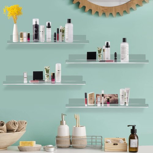Jansburg 24-Inch Clear Acrylic Floating Shelves - 4 Pack Invisible Wall Ledge for Bathroom & Kitchen Organization