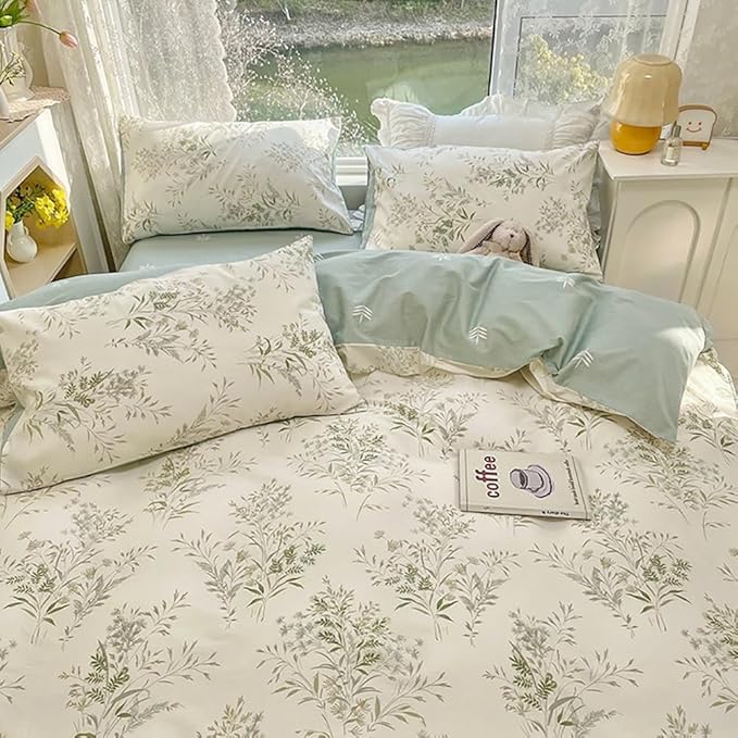 Vintage Floral Duvet Cover Queen Soft 100% Cotton Floral Cottagecore Bedding Set for Girls Women 3 Pieces Flower Plants Botanical Comforter Cover with Zipper Closure Reversible Famhouse Bedding Set