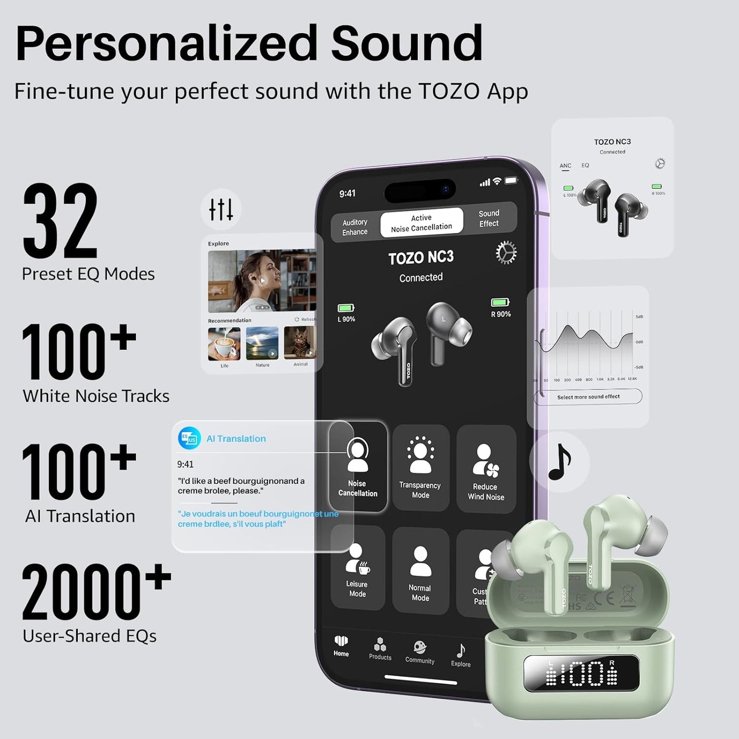 TOZO Hybrid Active Noise Cancelling Wireless Earbuds - 68H Playtime, 6 Mics, IPX8 Waterproof | Bluetooth 5.3