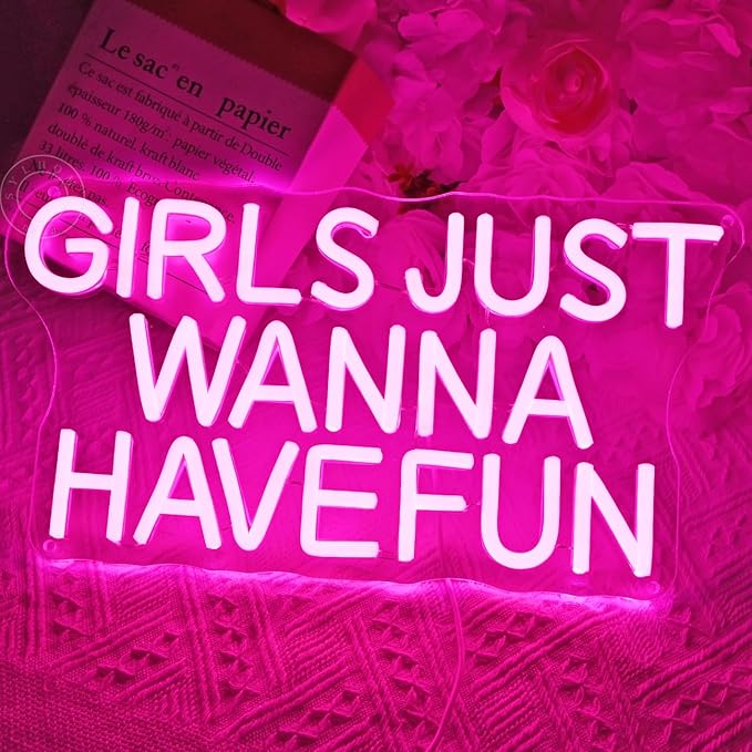 SYLHOME Pink Led Neon Light Sign Girls Just Wanna Have Fun Bedroom Girls Room Wall Decor Sign Birthday Wedding Christmas Party Backdrop Sign USB 15"X7.9"