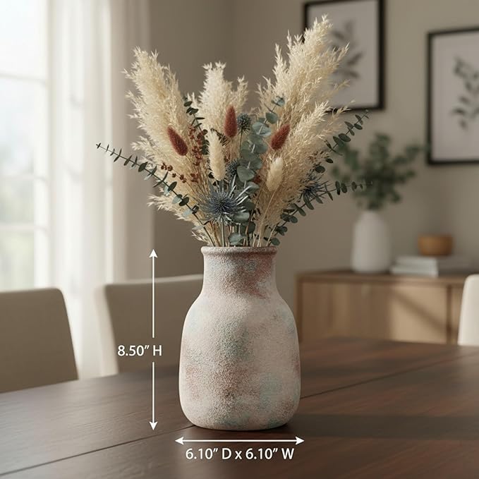 Ceramic Rustic Farmhouse Vase,8.5 Inch Flower Vase Home Decor Vintage Pottery Decorative Vases for House,Living Room Handmade Terracotta Vases Decor for Kitchen,Bedroom,Mantel,Book Shelf,Office,Coffee