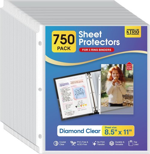 KTRIO Clear Sheet Protectors - 8.5 x 11 Inch Top Loading Polypropylene Sleeves | 750 Pack for Binders