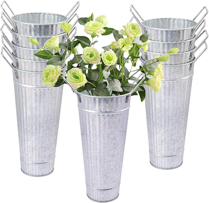 10 PCS 9 Inch Tall Galvanized Flower Buckets, Metal Flower Vase, Rustic Farmhouse French Flower Buckets with Handles for Wedding, Home Décor(Silver)