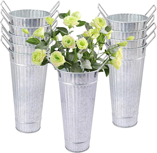 10 PCS 9 Inch Tall Galvanized Flower Buckets, Metal Flower Vase, Rustic Farmhouse French Flower Buckets with Handles for Wedding, Home Décor(Silver)