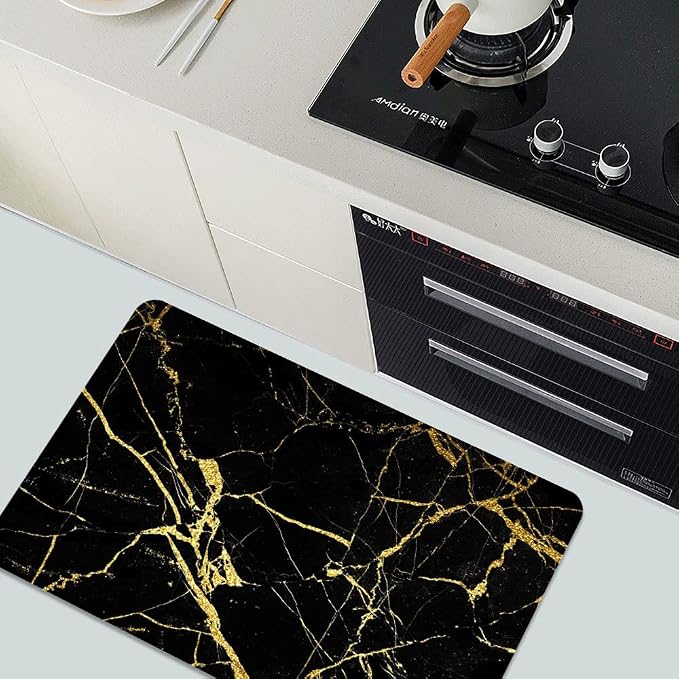 Diatomaceous Earth Bath Mat,Black Gold Marble Non-Slip Volume Super Absorbent Fast Drying for Bathroom Kitchen Door mat,Eco-Friendly Easy to Clean 16×24Inch (40 * 60cm)