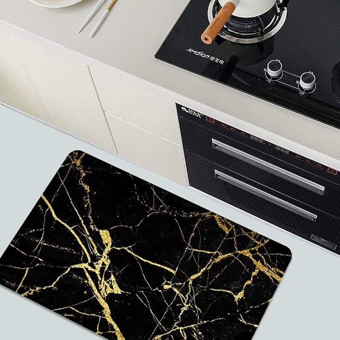 Diatomaceous Earth Bath Mat,Black Gold Marble Non-Slip Volume Super Absorbent Fast Drying for Bathroom Kitchen Door mat,Eco-Friendly Easy to Clean 20×31Inch(50 * 80cm)