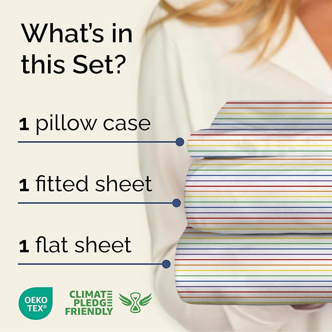 Rainbow Striped Sheet Set - Colorful Striped Bed Set - 1 Flat & 1 Fitted Sheet & 1 Pillowcase w/ Deep Pockets - Wrinkle & Fade Resistant - Soft, Breathable and Cooling - Rainbow Bedding - Twin Size