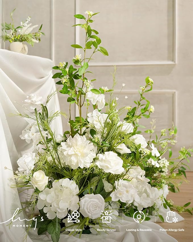 Ling's moment 41.0" Tall Free-Standing Wedding Aisle Artificial Flowers for Ceremony Decor, 2PCS White Walkway Floral Chair Markers, Faux Rose Altar Arch Arrangement Spring Decorations Outdoor