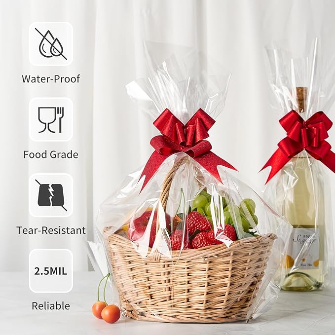 Jutieuo Clear Cellophane Wrap Roll | 100'Ft. Long X 34" In. Extra Wide | 2.5 Mil Thick Crystal Clear | Bouquet, Baskets, Gifts, Crafts, Treats, Wrapping | Food Grade (34" Fold into 17")