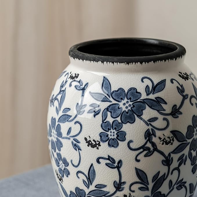 Blue and White Vintage Vase, Ceramic Chinoiserie Floral Vases, Round Farmhouse Rustic Table Centerpiece, Tuscan Home Decor, Large Crackle Glaze Flower Vase for Living Room, Office 6.9 Inch