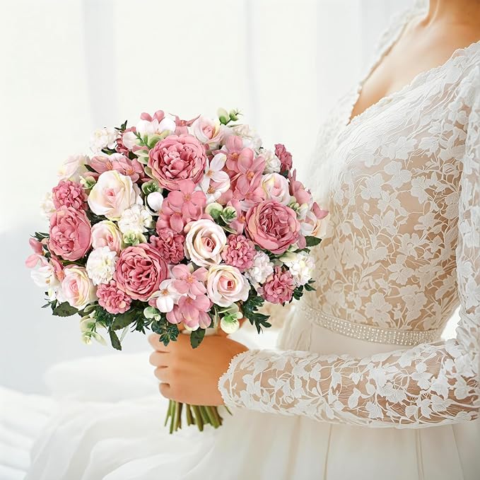 4 Bundles Pink Peonies Artificial Flowers Silk Flower Centerpieces for Tables Fake Flower Arrangements Bouquets Mixed Roses Hydrangea with Stems for Wedding Bridal Bouquets Home Table Decor
