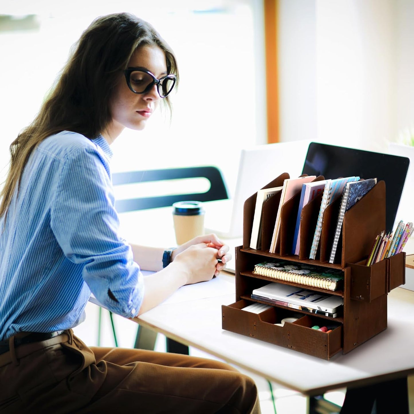 Wonderjune 4-Tier Wooden Desk File Organizer - Multifunctional Office Accessories with 5 Vertical Holders & Drawer