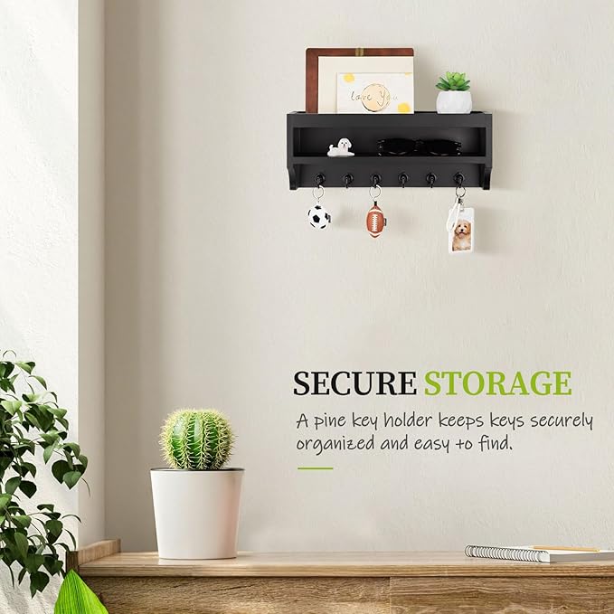 Nekon Key Holder Wall Mount, 12.8" W x 5.6" H x 3.7" D Wall Mounted Key and Mail Organizer with 6 Key Hooks, Key Racks for Home Entryway Decor (Black)
