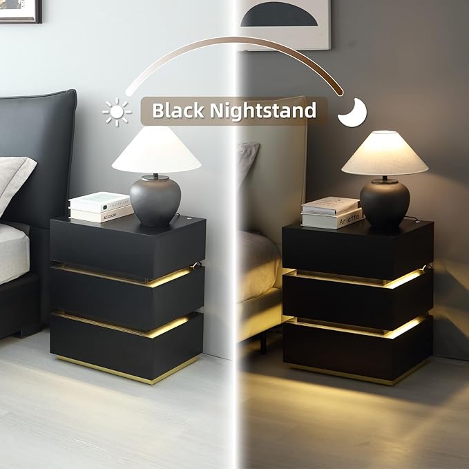 Black Nightstand, LED Bedside Table with 3 Storage Drawers, Modern End Table with Charging Ports & Outlets, Bedside Tables for Living Room/Bedroom