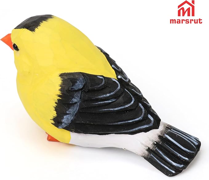 American Goldfinch Figurine, Miniature Yellow Finch Sculpture, Hand Carved Wooden Bird Ornament, Golden Wild Canary Statue, Small Wildlife Nature-Inspired Rustic Art Collectibles for Gift, Home Decor