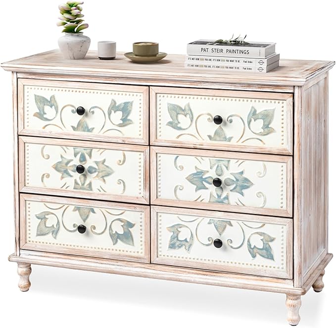 VINGLI White Dresser for Bedroom, 6 Drawer Dresser with Carved Flower Pattern, Wood Dressers Chest of Drawers with Solid Wood Legs