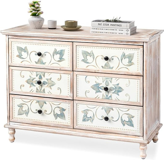 VINGLI White Dresser for Bedroom, 6 Drawer Dresser with Carved Flower Pattern, Wood Dressers Chest of Drawers with Solid Wood Legs