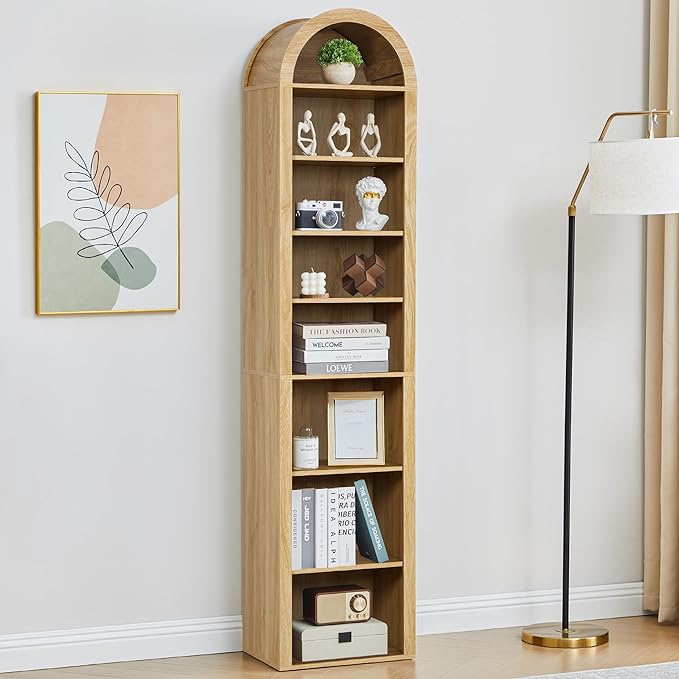 Tall Narrow Arched Bookshelf, 8-Tier Skinny Arch Bookcase for Small Space, Freestanding Storage Organizer with Adjustable Shelves, Open Display Shelves for Living Room, Entryway (Natural)