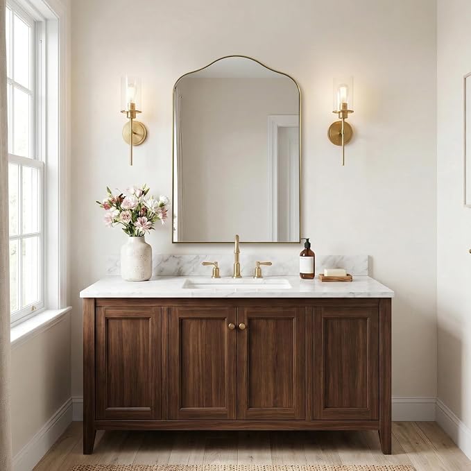 ANDY STAR Brass Scalloped Arched Wall Mirror, 26x38 Brushed Gold Irregular Bathroom Mirror with Curved Design for Vanity, Powder Room, Fireplace, Mantel, with Stainless Steel Metal Frame