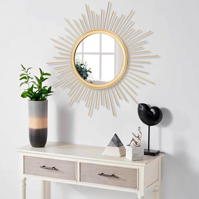Large Gold Spoked Sunburst Wall Mirror Boho Home Decor Round Wall Art Mirror Modern Metal Mirrors for Wall Living Room Vanity Bathroom Bedroom Hallway Balcony Entryway 20"