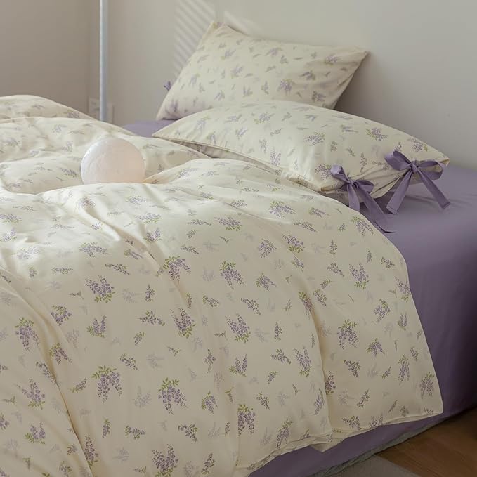 EAVD Garden Purple Floral Duvet Cover Full Girls Soft Cotton Chic Shabby Lavender Floral Print Bedding Set with 2 Pillowcases Vintage Botanical Duvet Cover with Zipper Closure