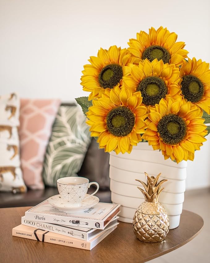 Large Silk Yellow Sunflowers Artificial Fall Flowers 26" Long Stem Artificial Sunflower 6 Pcs Tall Fake Sun Flowers Vintage Faux Sunflowers Bulk with Stem for Home Wedding Birthday Party Decor
