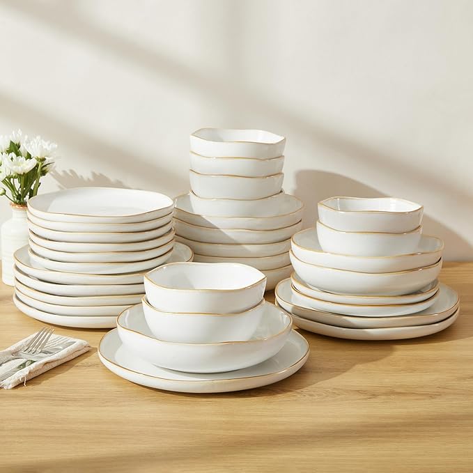 Pokini 32 Piece White Dinnerware Set with Pasta Bowls, Reactive Glaze Stoneware for 8 | Perfect for Multi‑Course Dinners, Hosting Large Groups, Holiday Serving Needs