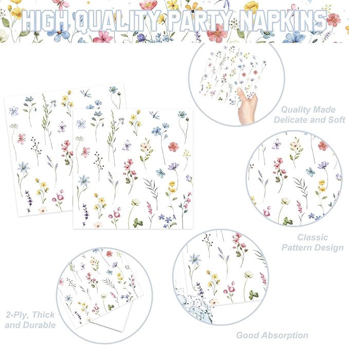 168PCS Wildflower Party Decorations Spring Floral Baby Shower Birthday Decorations Include Plates, Cups, Napkins, Cutlery for Wildflower Baby Shower Tea Decorations, Serve 24