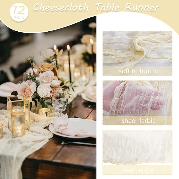 12 Pack 10Ft Cheesecloth Table Runner 35x120 Inch Boho Gauze Rustic Cheese Cloth Long Romantic Table Runner for Wedding Bridal Shower Birthday Party Table Decor (Beige)