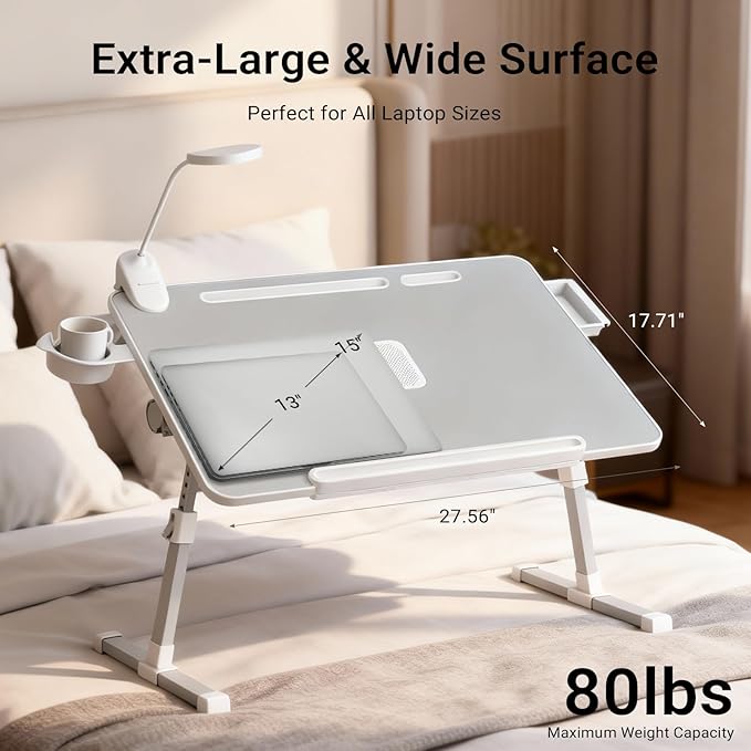 iXTRA Laptop Lap Desk with Cooling Fan - Adjustable Bed Desk with Light, Bed Table with Cup Holder&Phone Holder - Storage Drawer Desk - Folding Bed Desk,Grey,70x45cm