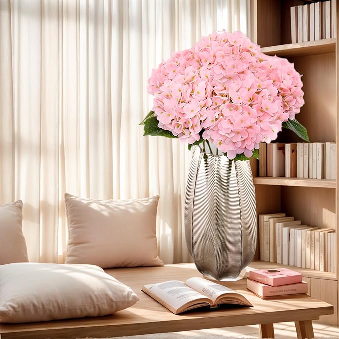 Kimura's Cabin 5Pcs 21inch Lifelike Faux Hydrangea Real Touch Latex Hydrangeas Long Stem with Leaves Artificial Hydrangea Bouquet for Home Wedding Baby Shower Birthday Party Decoration (Pink)