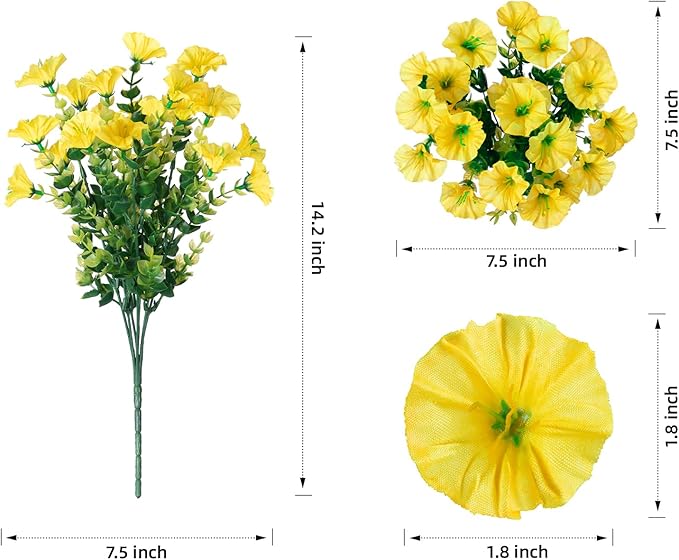 Artificial Flowers for Outdoors Fake Flowers Plants for Spring Summer Decor, 12 Bundles Silk Morning Glory with Eucalyptus Look Real UV Resistant Yellow Faux Flowers for Outside Planters Yard Patio