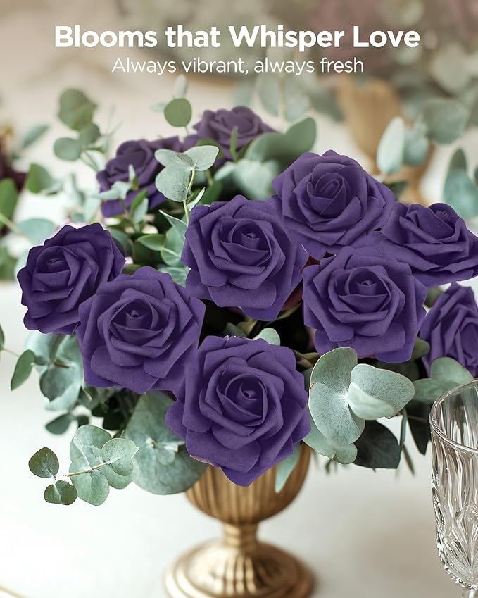 InnoGear Artificial Flowers, 50 Pcs Dusty Purple Foam Fake Roses Bulk with Stems for Decoration DIY Wedding Bouquets Centerpieces Bridal Shower Party Valentines Christmas Tree
