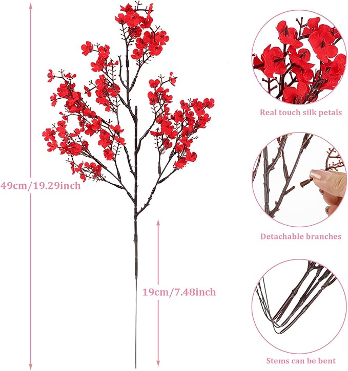 8Pcs Babys Breath Fake Artificial Flowers, Real Touch Red Pink Mix and Match Plants Silk Flowers for Vase Home Office Wedding Mother's Day Indoor Outdoor Centerpiece Table Party Decoration