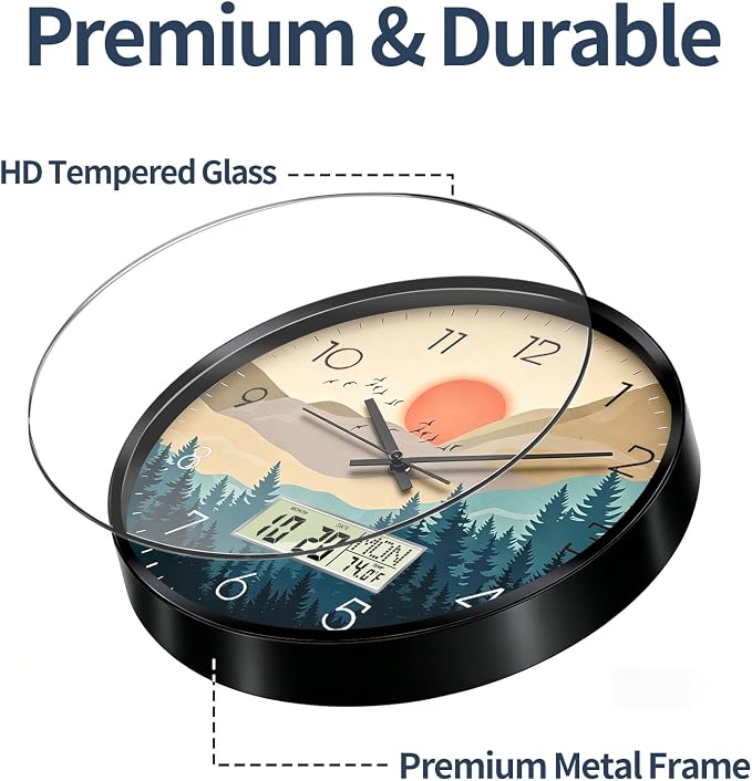 Wilderness Sunset Wall Clock, 14 Inch Silent Non-Ticking Battery Operated Analog Clock with LCD Date Day Temp Display, Decorative for Living Room, Bedroom, Kitchen, Office, Farmhouse, Cabin