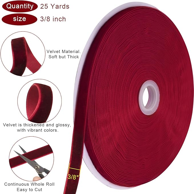 25 Yards Burgundy Velvet Ribbon for Christmas Tree,3/8 Inch Dark Red Velvet Christmas Ribbon for Gift Wrapping Crafts Bow Wreath Holiday Decorations (Burgundy)