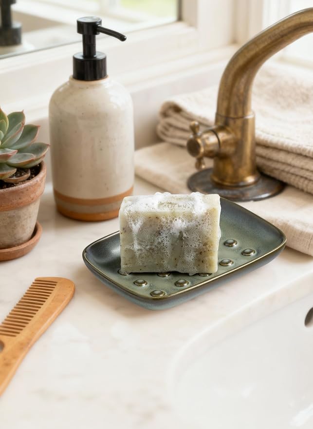 Miamolo Ceramic Soap Dish for Shower, Non-Slip Bar Soap Saver Tray Bar for Bathroom Kitchen Sink Bathtub, Easy to Clean, Dishwasher Safe, Raised Pattern - Keep Soap Dry, Dark Green