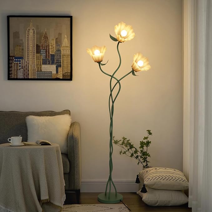 Elaruslux Vintage 3 Heads Flower Floor Lamp with Adjustable Gooseneck Corner Standing Tall Floor Lamp 3 Color Modes for Living Room Bedroom Reading Decoration Vine Floral Lamp with Lily of The Valley