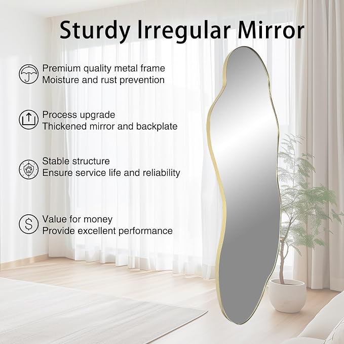 Large Irregular Wall Mirror, 63"x27.2" Asymmetrical Mirror with Gold Metal Frame, Organic Shape Mirror for Living Room Bedroom Hallway Entryway, Horizontal or Vertical Hanging