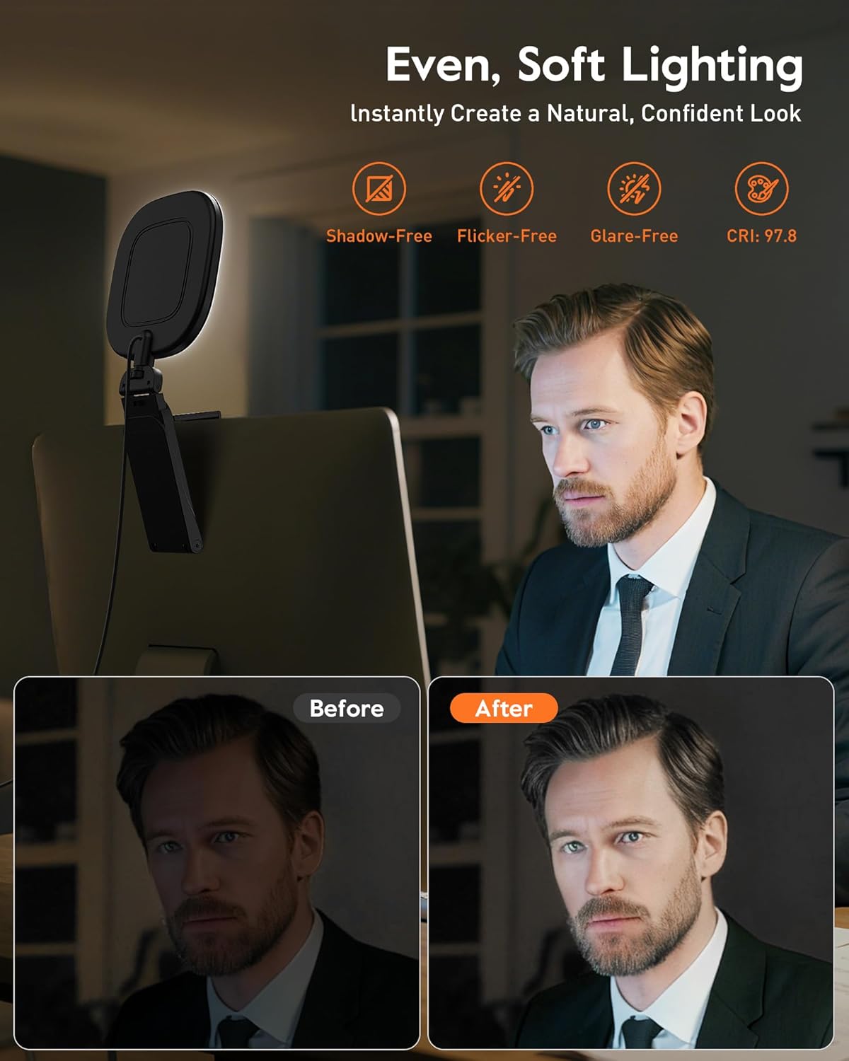 Upgraded Ring Light - Eye-Caring LED Computer Light with Adjustable Clip & 50 Modes for Zoom