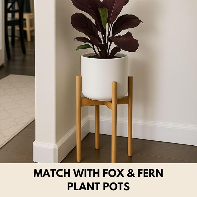 Fox & Fern Adjustable Tall Plant Stand Indoor — 8 to 12 Inch Mid Century Bamboo Plant Stand with Adjustable Width - Plug In Design - Easy to Assemble - Two Heights - For 8, 9, 10, 11 & 12 In Pots