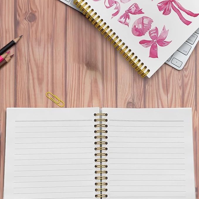 JKBMN Trendy Coquette Pink Bow Notebook Journal, Preppy Watercolor Bows Spiral Notebook, Cute Journaling Notebooks for Girls, Pink Office Supplies, Hardcover Spiral Notebooks College Ruled 5.5 x 8.3