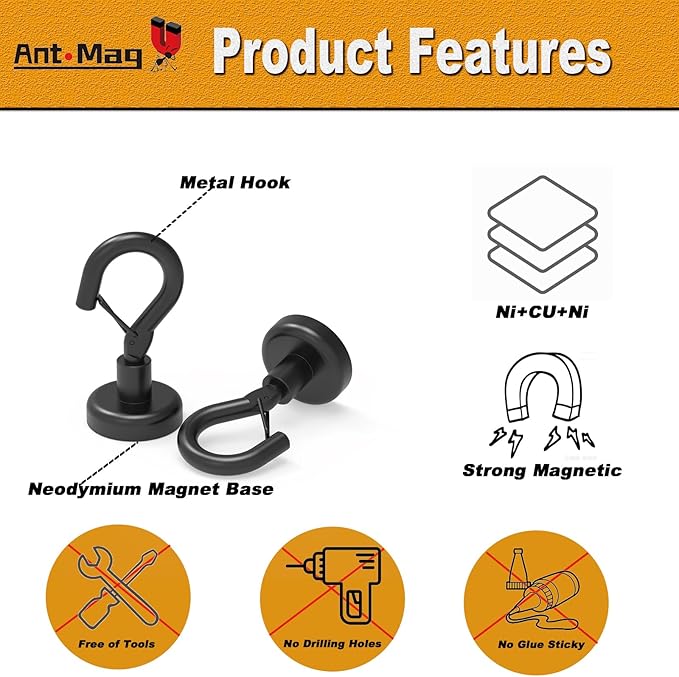 Ant Mag Black Magnetic Hooks Heavy Duty with Snap 22lbs Strong Magnet Hooks Great Hanging for Refrigerator, Cruise Cabin, Grill, Wreath,Kitchen,Office 8 Pack